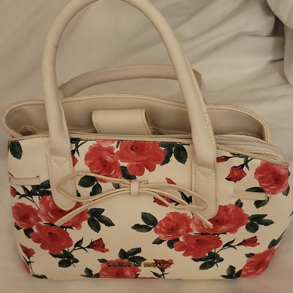 Christian Siriano Cream and Red Floral Satchel with Artistic Design